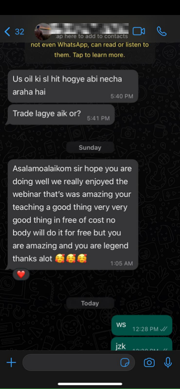 Member WhatsApp message praising a free webinar