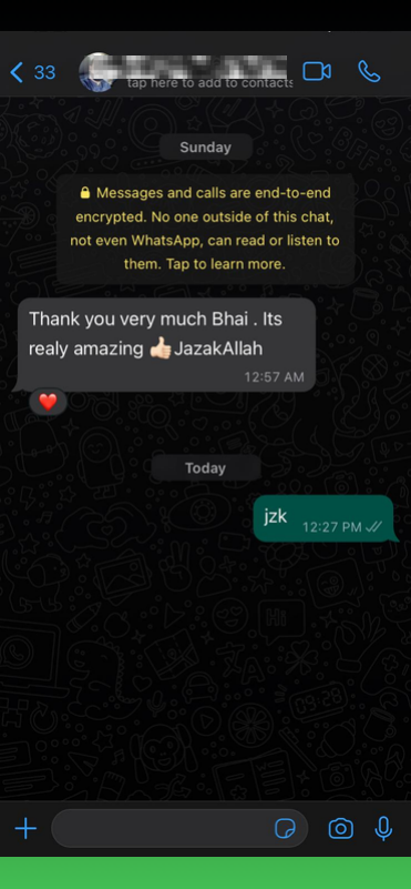 Member WhatsApp thank-you after a session