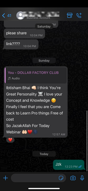 Member WhatsApp praise after a free webinar